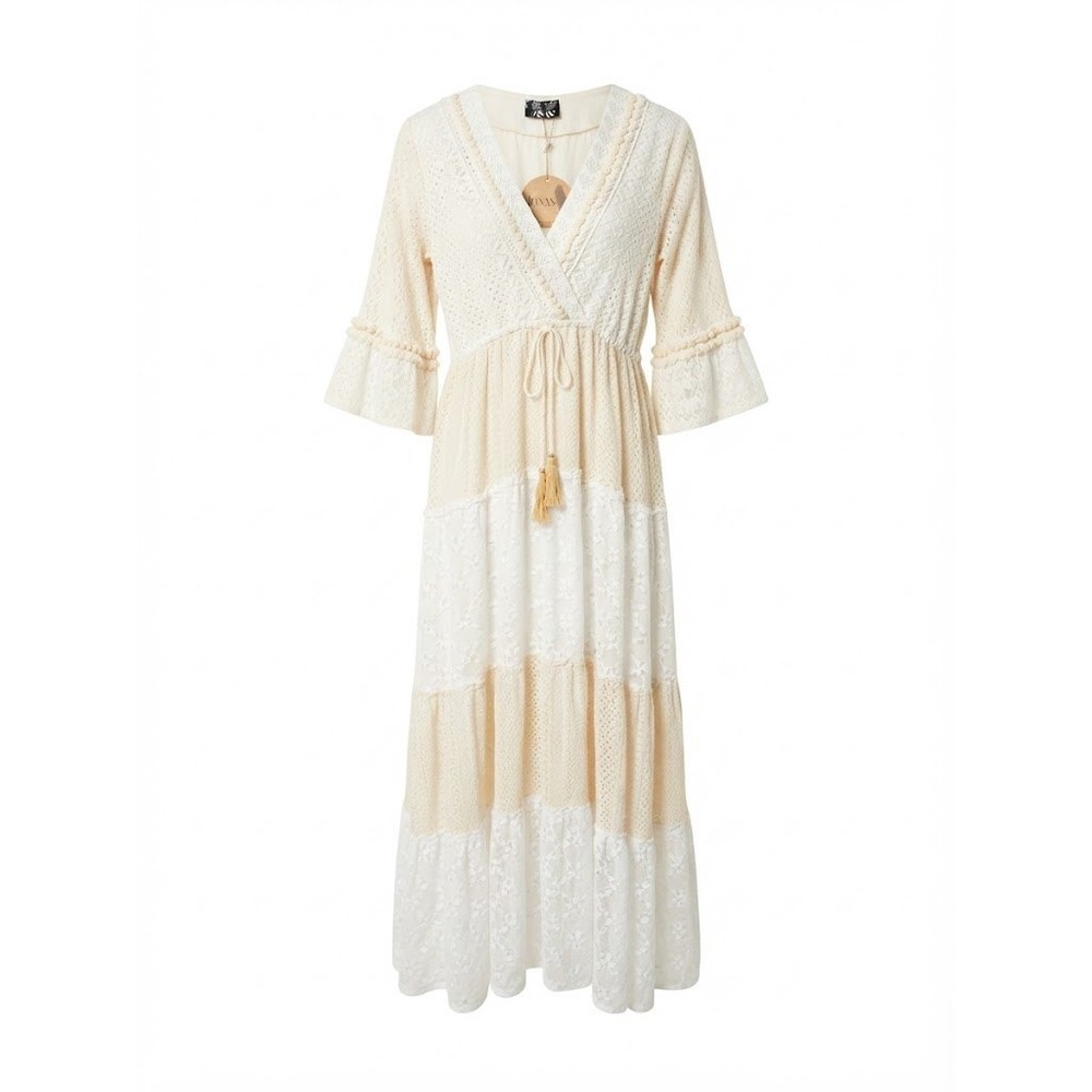 Ethnik Maxi Dress Womens OS Cream Tiered Lace Boho Romantic Resort NWT